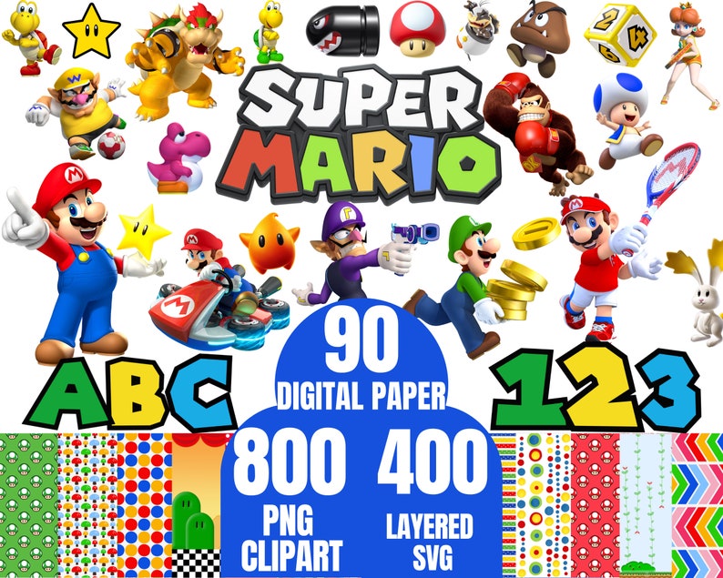 May include: A digital paper pack featuring 90 Super Mario themed images. The pack includes 800 PNG clipart images and 400 layered SVG files. The images feature characters like Mario, Luigi, Bowser, and Toad. The pack also includes alphabet letters, numbers, and various patterns.