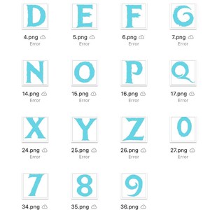 May include: A set of light blue alphabet letters and numbers in a stylized font. The letters and numbers are outlined in white and have a slightly textured appearance.