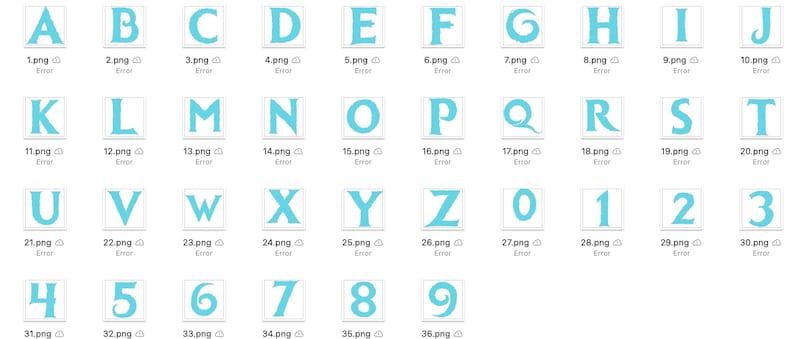 May include: A set of light blue alphabet letters and numbers in a stylized font. The letters and numbers are outlined in white and have a slightly textured appearance.