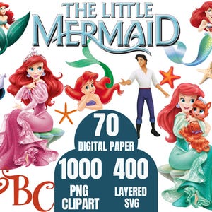 La petite sirène SVG PNG Clipart Bundle, papier numérique la petite sirène, Ariel Png, princesse PNG, svg de la petite sirène, lettre de la petite sirène