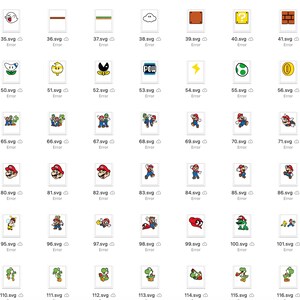 Pu&ograve; includere: Un set di 120 icone pixelate colorate che rappresentano personaggi, oggetti e power-up della serie di videogiochi Super Mario Bros. Le icone sono disposte in una griglia su uno sfondo bianco.