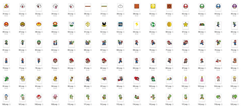Pu&ograve; includere: Un set di 120 icone pixelate colorate che rappresentano personaggi, oggetti e power-up della serie di videogiochi Super Mario Bros. Le icone sono disposte in una griglia su uno sfondo bianco.