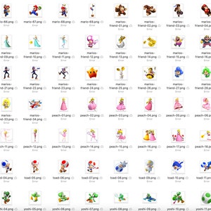 May include: A collection of digital illustrations featuring characters from the Super Mario video game franchise. The images include Mario, Luigi, Princess Peach, Toad, Yoshi, and other characters in various poses and outfits. The images are in a variety of colors.