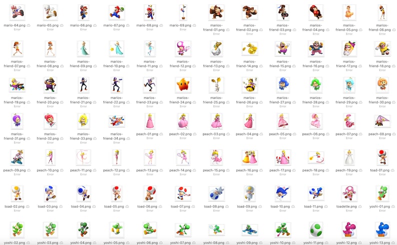 May include: A collection of digital illustrations featuring characters from the Super Mario video game franchise. The images include Mario, Luigi, Princess Peach, Toad, Yoshi, and other characters in various poses and outfits. The images are in a variety of colors.