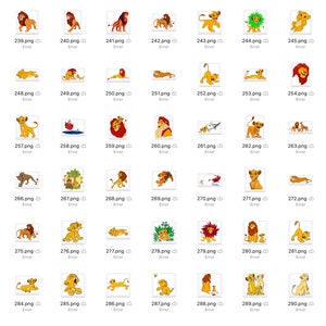 May include: A collection of cartoon lion images. The lions are in various poses, including standing, sitting, and lying down. Some lions are wearing hats or holding objects. The images are in a grid format, with each image having a white background.