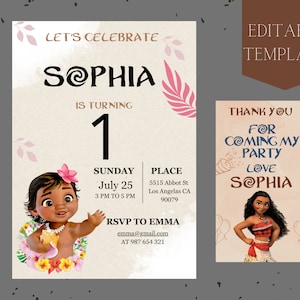 Baby Moana verjaardagsuitnodiging bewerkbare aanpasbare sjabloon voor uw verjaardagsfeestje, Moana dank u kaartsjabloon afdrukbaar