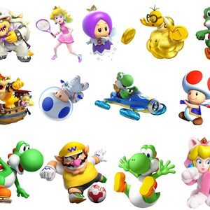 May include: A collection of colorful cartoon characters from the Super Mario franchise. The characters include Mario, Luigi, Peach, Toad, Yoshi, Bowser, and more.