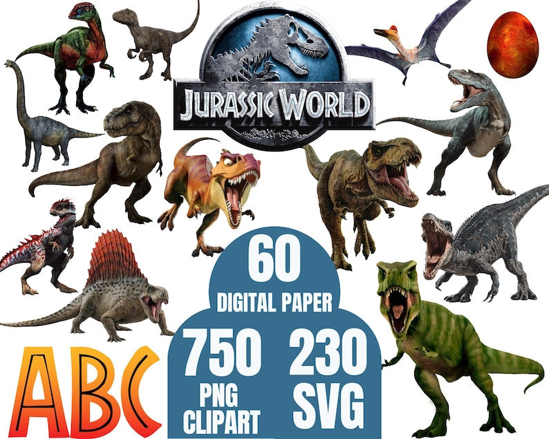 May include: A collection of dinosaur illustrations, including a T-Rex, Brachiosaurus, and Pterodactyl, with the "Jurassic World" logo. The image also includes the text "60 Digital Paper", "750 PNG Clipart", and "230 SVG".