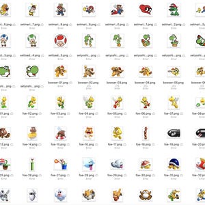 May include: A collection of 64 colorful cartoon images featuring characters from the Super Mario Bros. video game franchise. The images include Mario, Luigi, Peach, Bowser, Yoshi, Toad, and other characters.