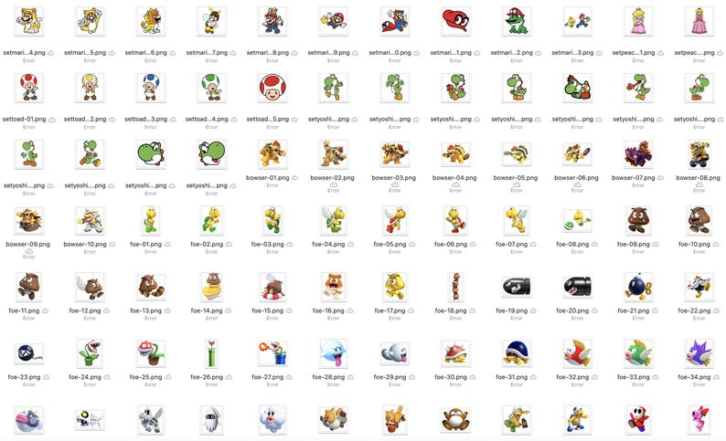 May include: A collection of 64 colorful cartoon images featuring characters from the Super Mario Bros. video game franchise. The images include Mario, Luigi, Peach, Bowser, Yoshi, Toad, and other characters.