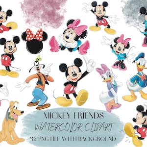 May include: A collection of watercolour clipart featuring Mickey Mouse, Minnie Mouse, Donald Duck, Daisy Duck, Goofy, and Pluto. The characters are depicted in various poses with bright colours and a watercolour effect. Text reads "Mickey Friends Watercolor Clipart".