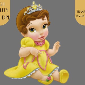 Può includere: Un bebé Belle de La Bella e la Bestia della Disney che indossa un vestito giallo con una fascia rosa e una corona. Ha i capelli castani e gli occhi azzurri.