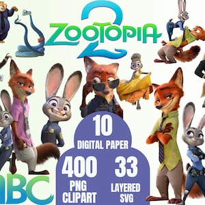 Könnte beinhalten: Digitalgrafik mit Charakteren aus dem Animationsfilm "Zoomania 2". Das Bild enthält verschiedene Tierfiguren, den Filmtitel und Text mit der Aufschrift "10 Digitalpapier", "400 PNG-Clipart" und "33 Layered SVG".