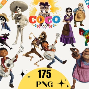 Paquete de imágenes prediseñadas de Coco, imágenes prediseñadas de Miguel, guitarra png, adorno para tarta, póster, marco de invitación para fiesta, personaje, logotipo, descarga digital La Cruz