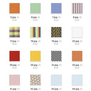 May include: A collection of 48 different seamless patterns, each displayed in a square tile. The patterns include geometric shapes, stripes, polka dots, and abstract designs. The patterns are in a variety of colors, including red, blue, green, yellow, and orange.