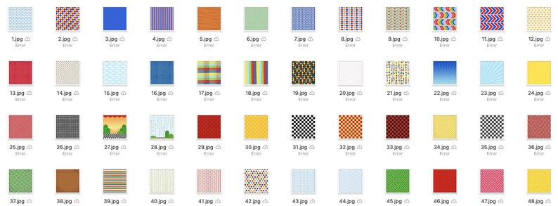 May include: A collection of 48 different seamless patterns, each displayed in a square tile. The patterns include geometric shapes, stripes, polka dots, and abstract designs. The patterns are in a variety of colors, including red, blue, green, yellow, and orange.