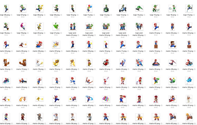 Pu&ograve; includere: Una collezione di 64 immagini che mostrano un personaggio di videogioco, Mario, in varie pose e ambientazioni. Le immagini sono organizzate in una griglia e ogni immagine &egrave; etichettata con un nome di file.