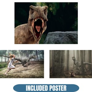 May include: A poster featuring three images of dinosaurs. The top image shows a Tyrannosaurus Rex with its mouth open. The bottom images depict a person running from a dinosaur and a dinosaur in a forest. The text "INCLUDED POSTER" is at the bottom.