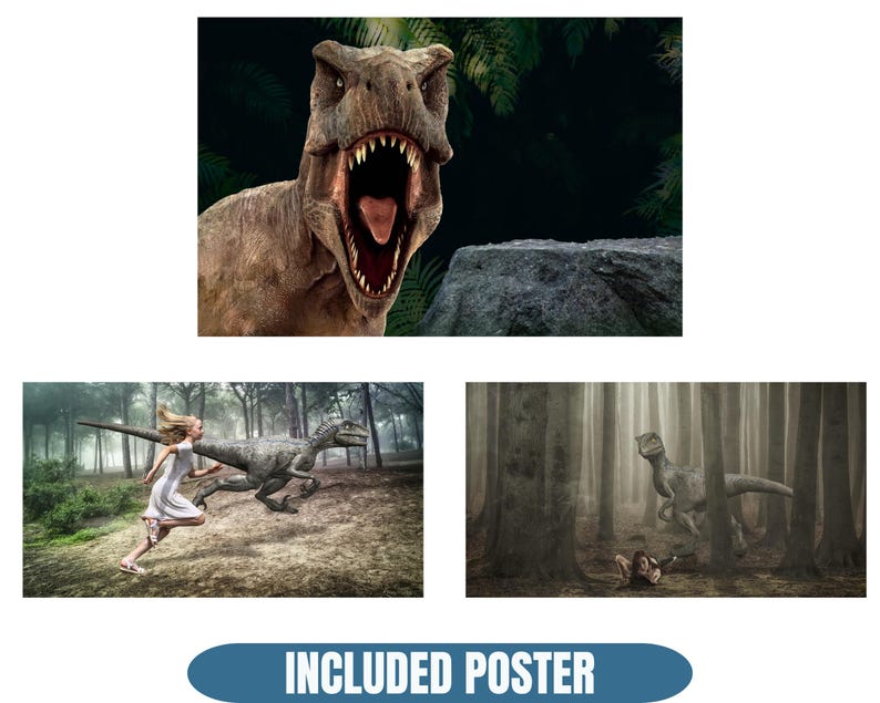 May include: A poster featuring three images of dinosaurs. The top image shows a Tyrannosaurus Rex with its mouth open. The bottom images depict a person running from a dinosaur and a dinosaur in a forest. The text "INCLUDED POSTER" is at the bottom.