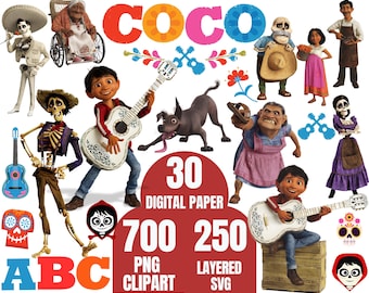 Paquete de imágenes prediseñadas de Coco: 700 PNG, 250 SVG y papel digital (descarga digital)