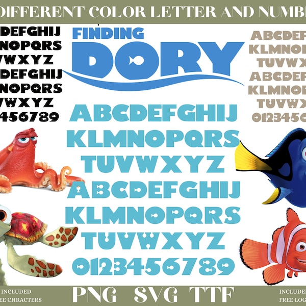 Finding Nemo Font Letters Png Svg Numbers TTF, SVG, PNG, For Cricut Silhouette, Alphabet Letters and Numbers Dxf, Eps, Png, Clipart, Vector