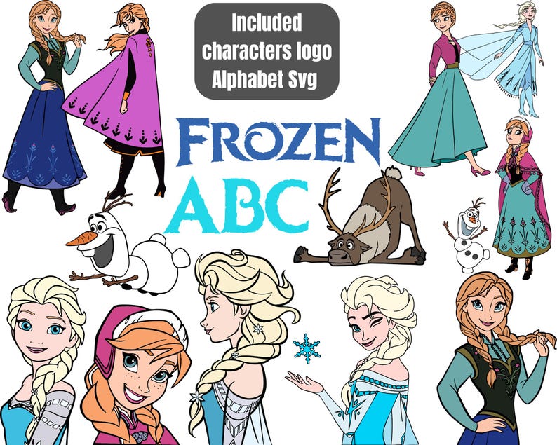 May include: A set of Frozen themed alphabet letters, featuring characters from the movie, including Elsa, Anna, Olaf, and Kristoff. The letters are in a blue and white color scheme and are perfect for crafting projects.