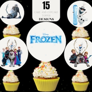 May include: 15 Frozen cake and cupcake toppers featuring characters from the Disney movie Frozen. The toppers include Olaf, Sven the reindeer, Anna, Elsa, Kristoff, and Sven. The toppers are printed on white circles.