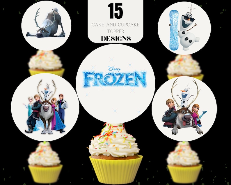 May include: 15 Frozen cake and cupcake toppers featuring characters from the Disney movie Frozen. The toppers include Olaf, Sven the reindeer, Anna, Elsa, Kristoff, and Sven. The toppers are printed on white circles.