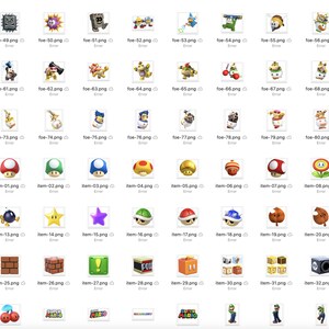 May include: A collection of colorful icons featuring characters, items, and enemies from a popular video game. The icons are arranged in a grid and include a variety of designs, such as a mushroom, a star, a bomb, and a question mark.