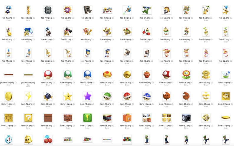 May include: A collection of colorful icons featuring characters, items, and enemies from a popular video game. The icons are arranged in a grid and include a variety of designs, such as a mushroom, a star, a bomb, and a question mark.