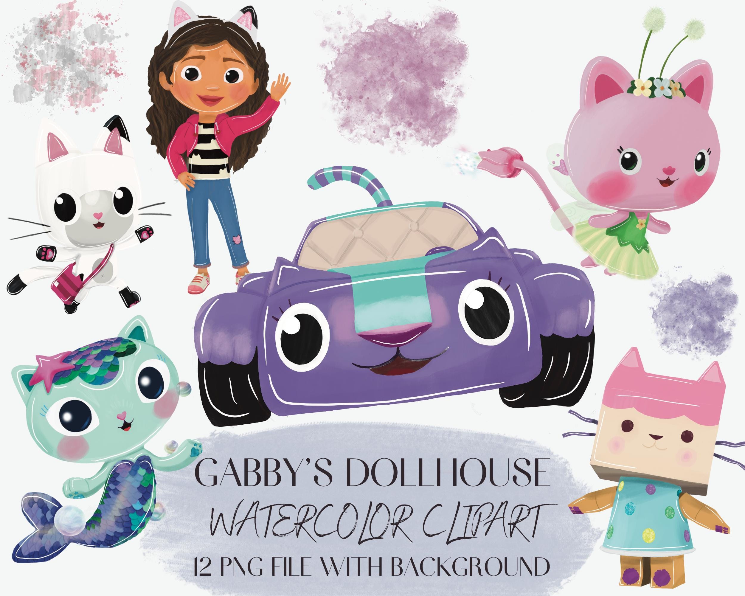 Gabby's Dollhouse Watercolor Clipart: 12 PNG Graphics (Digital Download