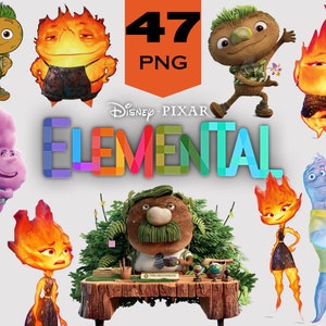 Könnte beinhalten: Eine Sammlung von 47 PNG-Bildern mit Charakteren aus dem Disney Pixar Film Elemental. Die Charaktere sind in verschiedenen Posen und Ausdrücken dargestellt, darunter ein grüner und brauner Charakter mit einer Blume, ein lila Charakter mit einem wolkenartigen Körper und ein roter und orangefarbener Charakter mit Flammen. Der Titel "Elemental" wird in bunten Buchstaben angezeigt.