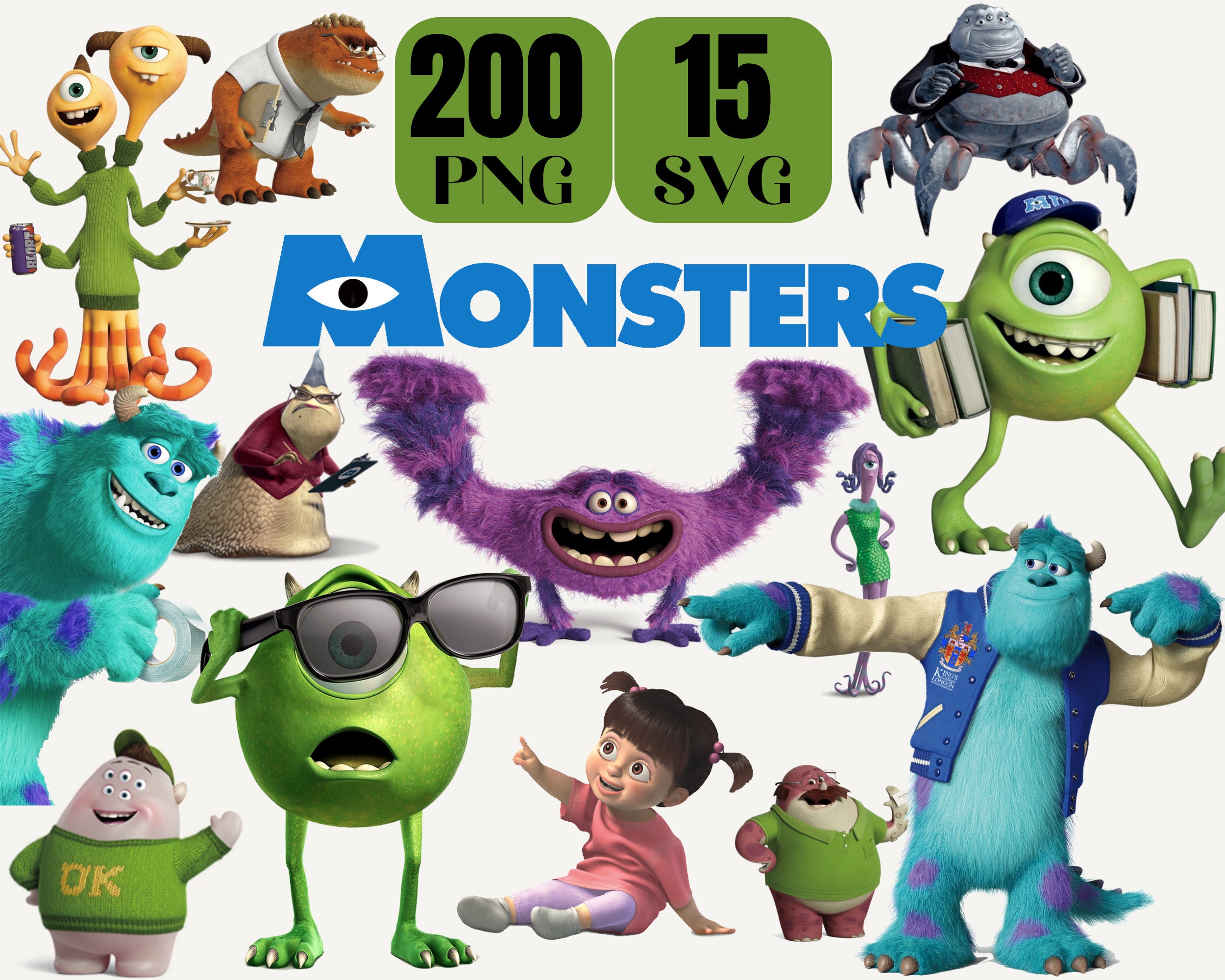 Monsters Inc. Clipart Bundle: 200 PNG Images, 15 Layered SVG (Digital Download)