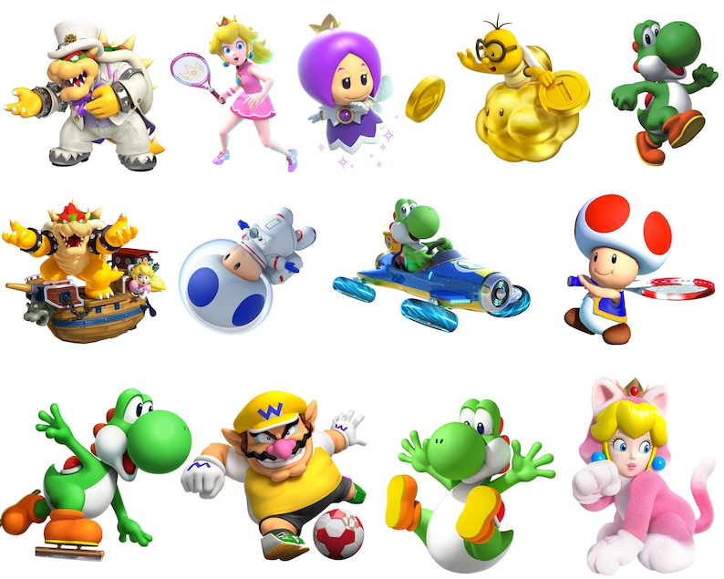 May include: A collection of colorful cartoon characters from the Mario video game franchise. The image features Bowser, Princess Peach, a fairy, Yoshi, Toad, and others in various action poses, with a white background.