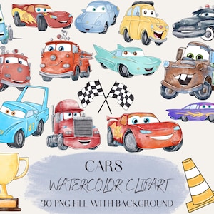 Autos Aquarell Clipart Bundle: McQueen Stil PNG (Digitaler Download, 300 DPI), Mcqueen Aquarell, Aquarell Autos McQueen Bundle PNG Pack