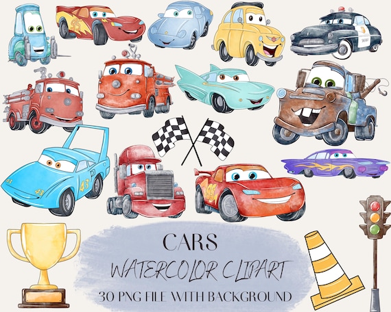 Cars Handrawn Watercolor Bundle,  Lightning Mcqueen watercolor Png, Cars Clipart, Handdrawn watercolor Mater, Instant Digital Download