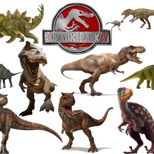 May include: A collection of dinosaur figures, including a Tyrannosaurus Rex, Stegosaurus, and Brachiosaurus, with the "Jurassic Park III" logo. The dinosaurs are in various colors and poses, set against a white background.