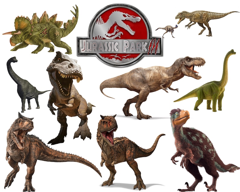May include: A collection of dinosaur figures, including a Tyrannosaurus Rex, Stegosaurus, and Brachiosaurus, with the "Jurassic Park III" logo. The dinosaurs are in various colors and poses, set against a white background.