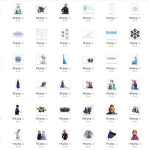 May include: A collection of digital images featuring characters and symbols from the animated film Frozen. The images include Elsa, Anna, Olaf, Kristoff, Sven, and various snowflakes.