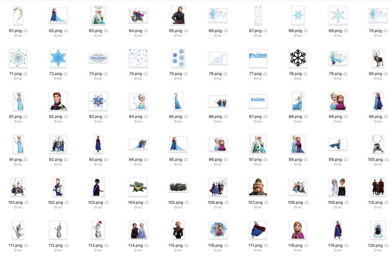 May include: A collection of digital images featuring characters and symbols from the animated film Frozen. The images include Elsa, Anna, Olaf, Kristoff, Sven, and various snowflakes.