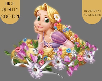 May include: A digital illustration of a cartoon princess with long blonde hair adorned with flowers. She is wearing a purple and pink dress and is lying on a bed of flowers. The background is transparent.
