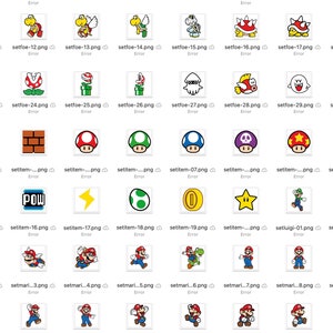 May include: A collection of colorful, cartoon-style images featuring characters and icons from the Super Mario video game series. Includes Mario, Luigi, Goombas, Koopa Troopas, mushrooms, and other recognizable elements.