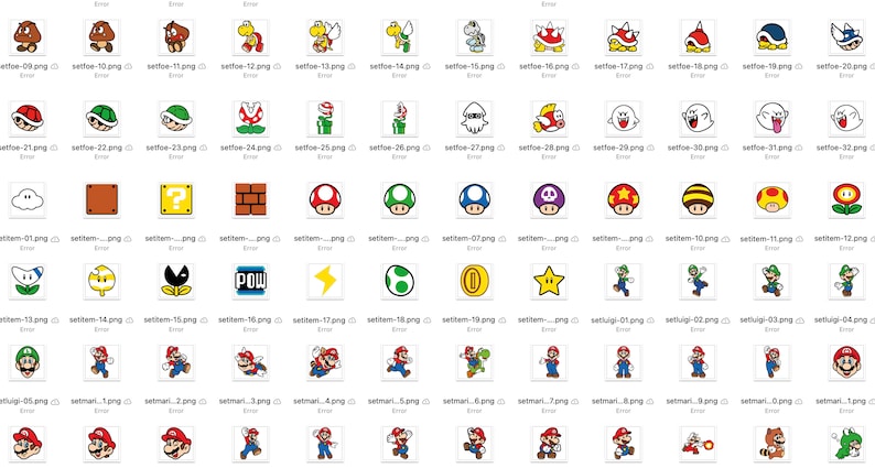 May include: A collection of colorful, cartoon-style images featuring characters and icons from the Super Mario video game series. Includes Mario, Luigi, Goombas, Koopa Troopas, mushrooms, and other recognizable elements.