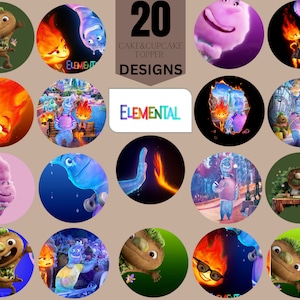 Peut inclure: Vingt décorations de gâteaux et de cupcakes représentant des personnages du film d'animation Elemental. Les décorations présentent une variété de personnages, dont un personnage de feu, un personnage d'eau, un personnage de terre et un personnage d'air. Les décorations sont toutes de forme circulaire et ont un fond blanc.
