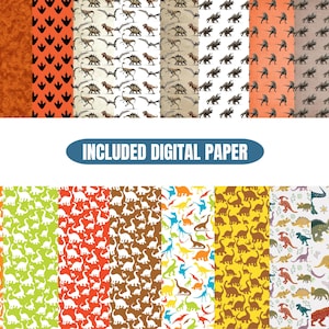 May include: A collection of digital paper designs featuring dinosaur and footprint patterns in various colors. The designs include brown, orange, and white backgrounds with repeating dinosaur and footprint illustrations. The text "INCLUDED DIGITAL PAPER" is also visible.