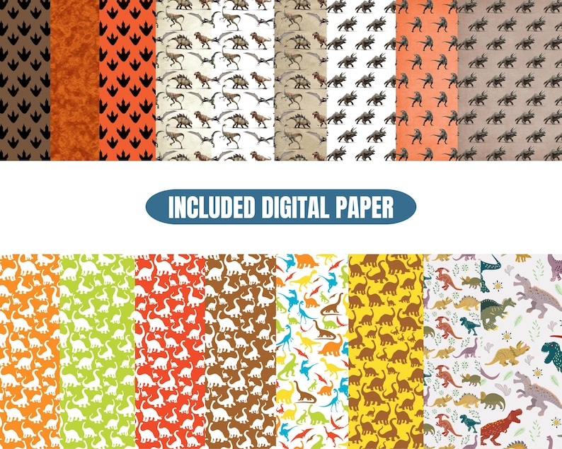 May include: A collection of digital paper designs featuring dinosaur and footprint patterns in various colors. The designs include brown, orange, and white backgrounds with repeating dinosaur and footprint illustrations. The text "INCLUDED DIGITAL PAPER" is also visible.