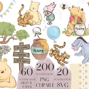Winnie the Pooh Watercolor Clipart: 280+ PNG, SVG, Digital Paper (Digital Download), Classic Winnie the Pooh PNG Clipart , Pooh Baby shower