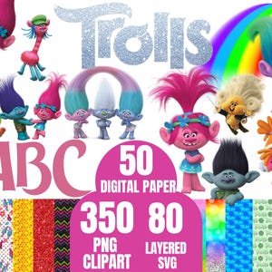 Les trolls PNG, ensemble de cliparts trolls, trolls en couches Svg trolls papier numérique, personnages trolls png pour chemise, décoration de gâteau, anniversaire