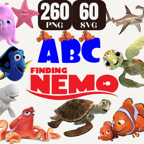 Le Monde de Nemo Png Clipart, fichier coupé Svg en couches Nemo pour cricut, cadre d'invitation nemo doris, alphabet Nemo, décoration de gâteau pour la fête