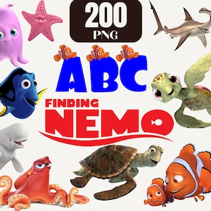 May include: A collection of Finding Nemo characters, including Dory, Nemo, Marlin, Crush, and Squirt. The characters are colorful and cartoonish, and they are all smiling. The image also includes the letters "ABC" and the words "Finding Nemo".